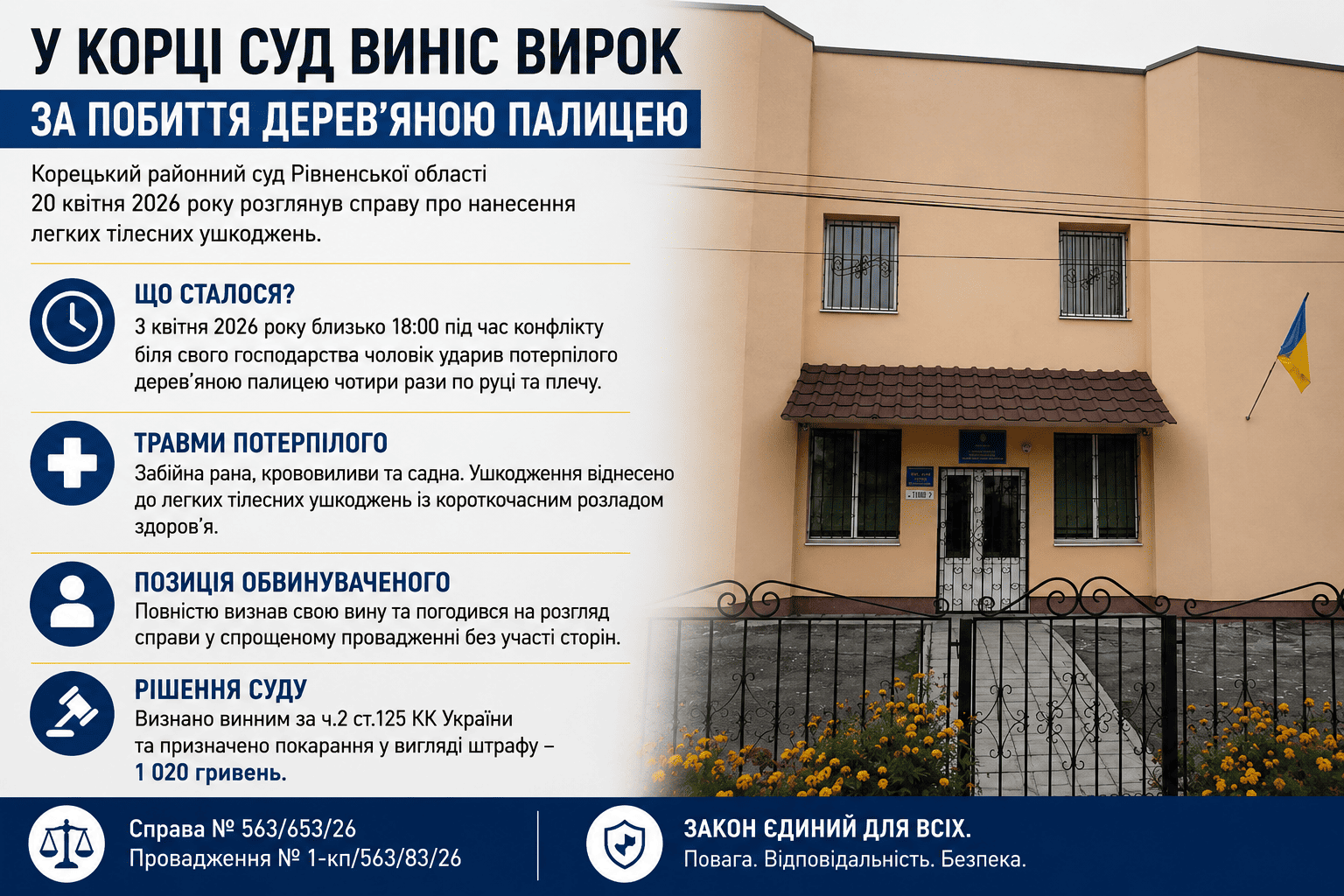 У Корці чоловіка оштрафували за побиття дерев’яною палицею